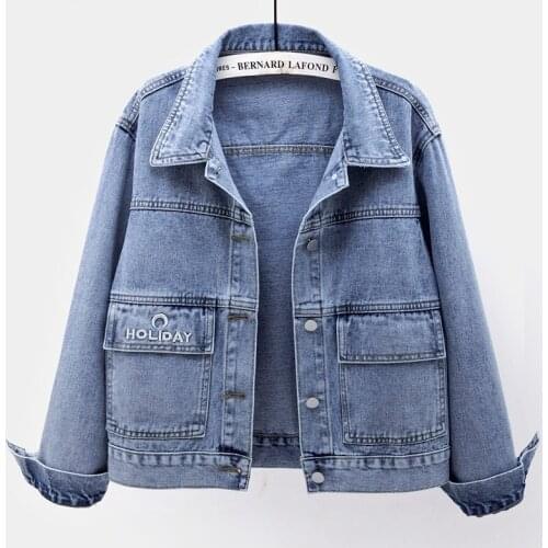 2021 Spring Autumn Vintage Blue Short Denim Jacket Coat Women Outerwear Korean Letter Embroidery Big Pocket Jeans Jacket Female