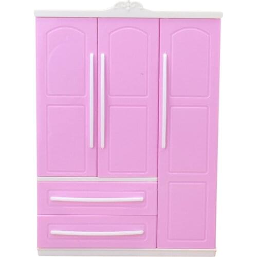 29cm Doll Furniture Beautiful Pink Armoire Closet with Detailed Doors, Mini Dollhouse Clothes Container Storage Wardrobe
