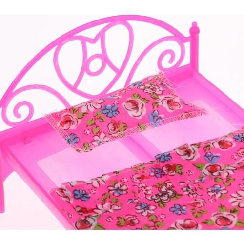 Dollhouse Bedroom Furniture, 1/6 Pink Bed & Nightstand & Wardrobe & Mirror