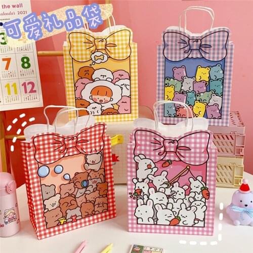 Kawaii Cartoon Print Paper Bags Knot Bow Cute Christmas Gift Bags Japan Korea Style Fashion Tote Bag Pouch For Girls