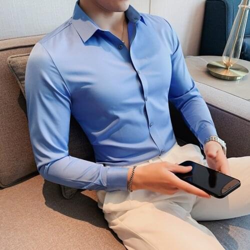 British Style Solid Long Sleeve Shirt Men Clothing 2021 Simple Business Formal Wear Slim Fit Stretched Blouse Homme Streetwear