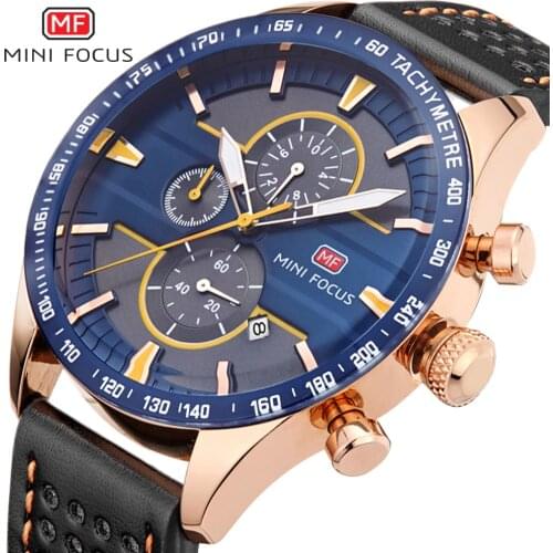 MINIFOCUS Mens Watch Genuine Leather Band Multi-function Watches Chronograph Sports Waterproof Calendar Quartz Wristwatches