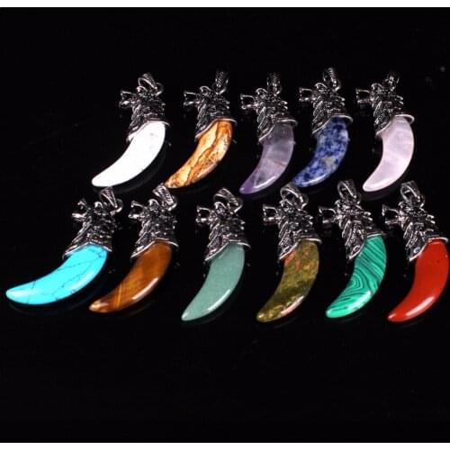 Mens Semi Precious pink Quartz Wolf Head Tooth Tribal Original Rock Natural Stone Pendant for Necklace Jewelry Making