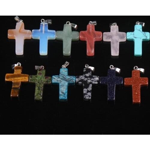 Wholesale 24pcs/lot Hot Sell Green Aventurine Natural Stone Mixed Color Assort Cross Pendants Charm Fit Necklace Jewelry Making