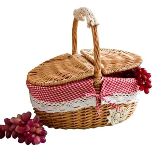 Practical Hand Made Wicker Basket Wicker Camping Picnic Basket Shopping Storage Hamper and Handle Wooden Color Wicker Picnic