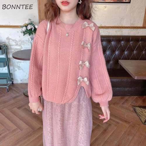 Oversize Pullovers S-3XL 4 Colors Bow O-neck Loose Sweater Tender Warm Autumn Elegant Girls Lovely Clothing All-match Leisure