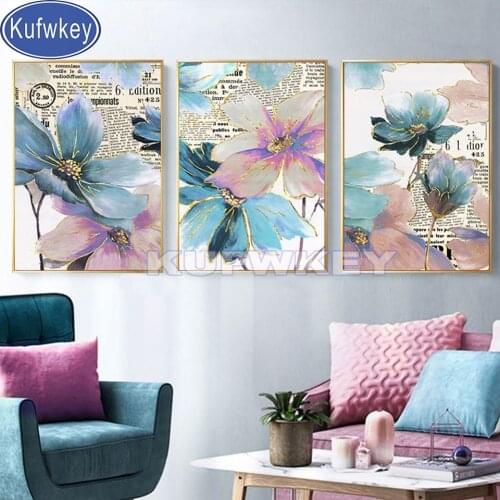 Blue Abstract Flower Diamond Painting 5D Art Cross Stitch 3 Piecs Diamond Embroidery Triptych Pictures Nordic Floral Home Decor