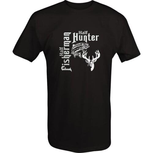 Funny Half Fisherman Hunter Fishing Hunting Buck Deer Fish T-Shirt. Summer Cotton O-Neck Short Sleeve Mens T Shirt New S-3XL