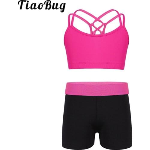 TiaoBug Kids Spaghetti Straps Bra Crop Top with Gymnastics Shorts Girls Ballet Dancewear Children Sports Workout Dance Costume