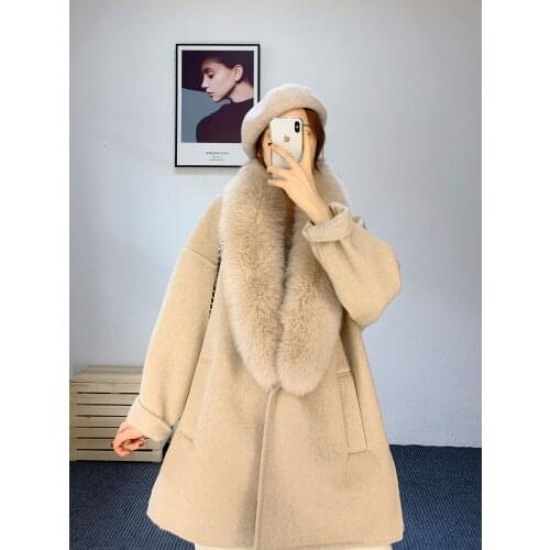 Top quality High fashion plush Sheep Shearling Warm thickening overcoats Real Fox Fur Collar women Long fur Jacket