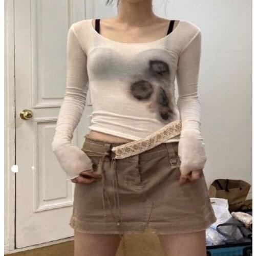 Y2k Mesh T Shirts Women Tie Dye Printed See Through Sexy Slim Translucent Sheer Tops Grunge Japanese Crop Top Korean Style