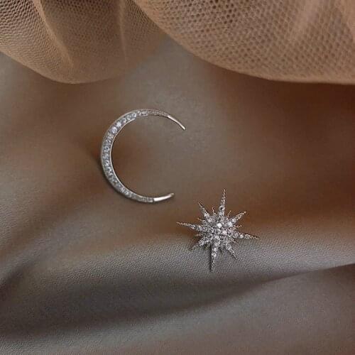 Zeojrlly Metal Women Trendy Stud Earrings Star Moon Earrings Female Asymmetric Earrings Simple Cute Elegant Jewelry For Girl