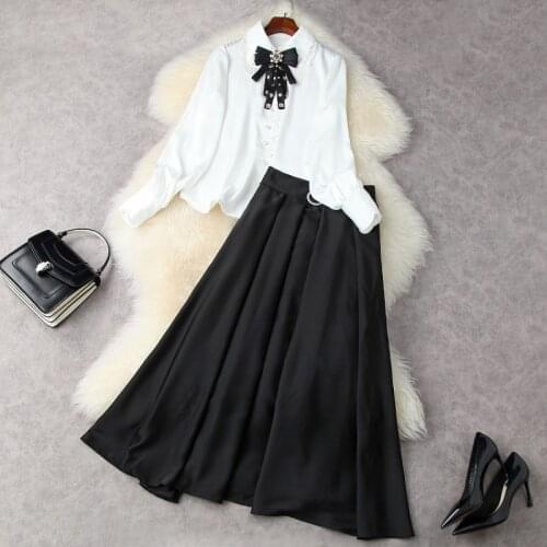 2021 Long Sleeves with Beaded Bow Shirts Black Pleated Skirt Fashion Suits European and American Womens Wear for Spring