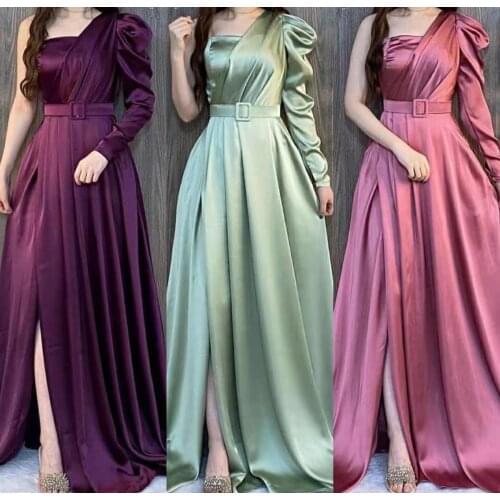 Vintage Long Satin Mermaid Evening Dresses with Slit Floor Length Zipper One Shoulder Abendkleider Formal Party Gowns for Women