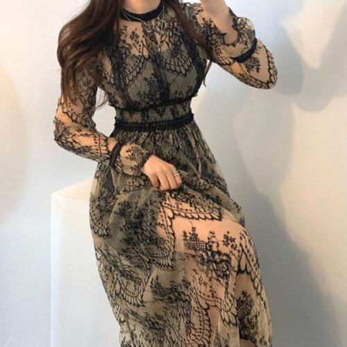 2020 New Women Fashion Lace Dress High waist Sheer Long Mesh Dress Lace Embroidered Fairy Dress Femme Vestidos Robe