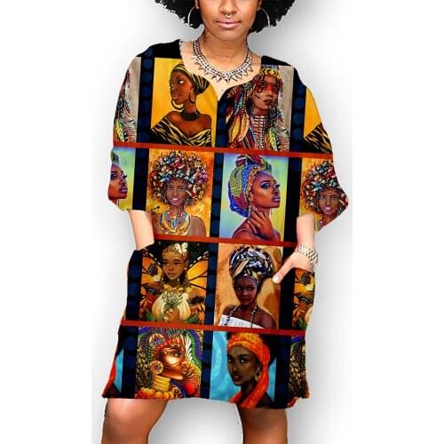 40#Women Dresses African Vintage Print Middle Sleeve V Neck Casual Knee-Length Dress Elegant Robe Longue Femme Ete Femme Robe
