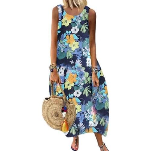 50%HOTSummer Dress Floral Print Loose Women Round Neck Large Hem Dress for Beach