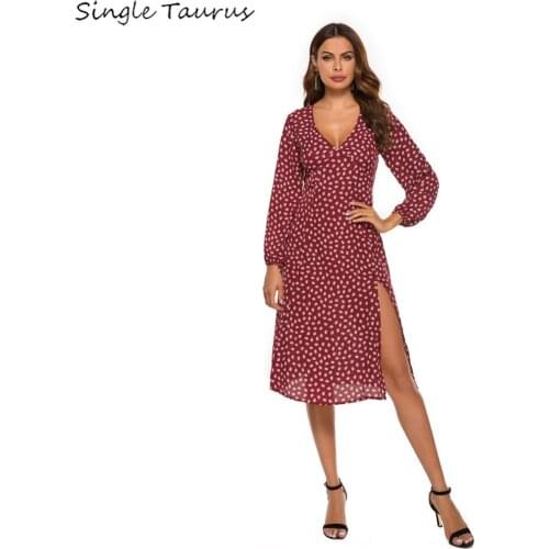 Woman Dress Long Sleeve V Neck Split Sexy Vestidos Verano 2020 Print Chiffon Summer Streetwear Elegant Vintage Dress Robes