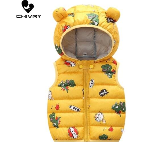 2021 Autumn Winter Baby Boys Girls Sleeveless Hooded Cotton-padded Vest Jacket Cartoon Print Coat Kids Keep Warm Vest Outerwear
