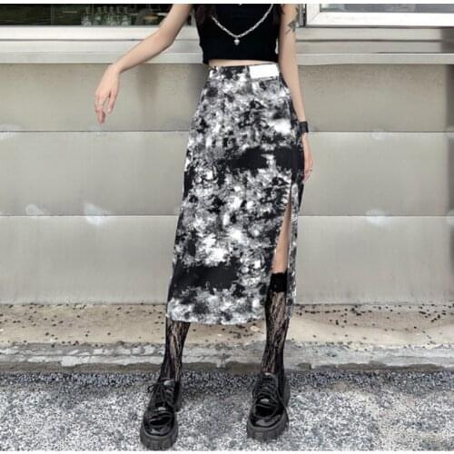 Zoki Dark Academic Gothic Women Midi Skirt Streetwear Tie Dye Summer Split A Line Skirts Long Skirt Black High Waist Slim Faldas