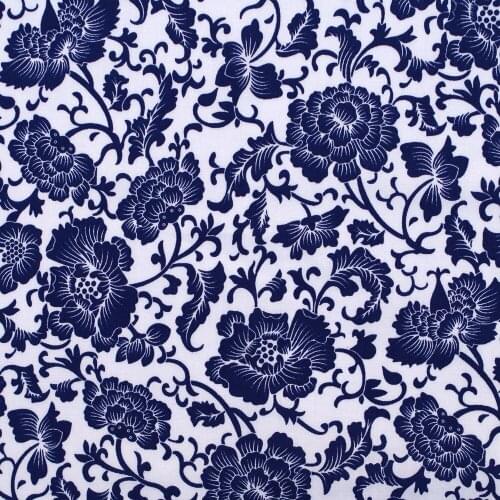 1 yard Cotton Poplin Fabric for sewing pathwork, dress, cloth, bedding - Blue flower printed on white background (width=140cm)