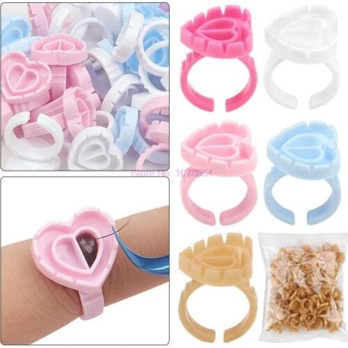 100bags Disposable Heart-shaped Glue Ring Eyelashes Extension Tattoo Pigment Holder Pallet MakeUp Nail Art Adhesibve Holder Tool