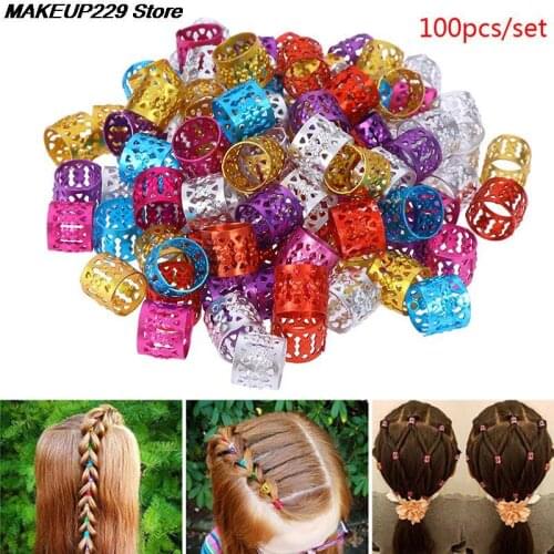 100pcs Mixed Beads Adjustable Hair Braids Dreadlock Beads Hair Braid Rings Cuff Clips Tubes Jewelry 6 Colors