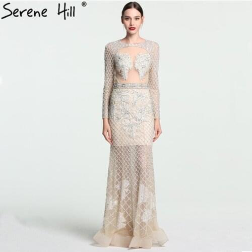 2020 Sexy See Through Long Sleeve Mermaid Evening Dresses Real Photo Crystal Beaded Prom Dress Party Dubai BLA6107