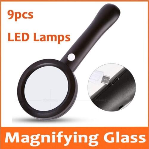 6X LED Illuminated Rechargeable USB Line Magnifying Glass Reading Gift Magnifier Light Source with 9pcs LED Lamps for Old Man