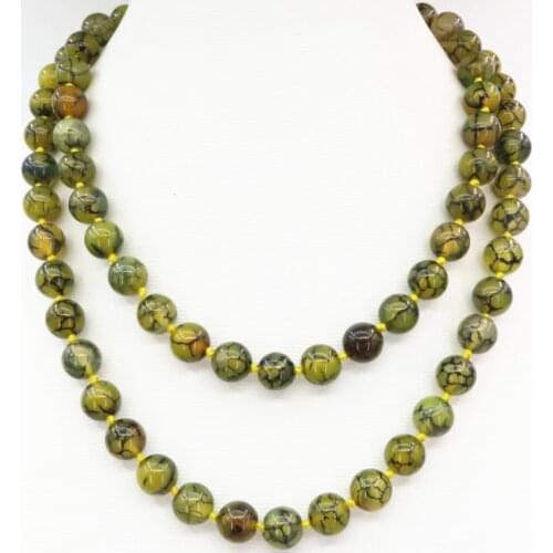 New Handmade Yellow Dragon Agat Long Chain Necklace 10mm Natural Stone Round Beads Chinese Ethnic Style Jewelry 36inch B3208