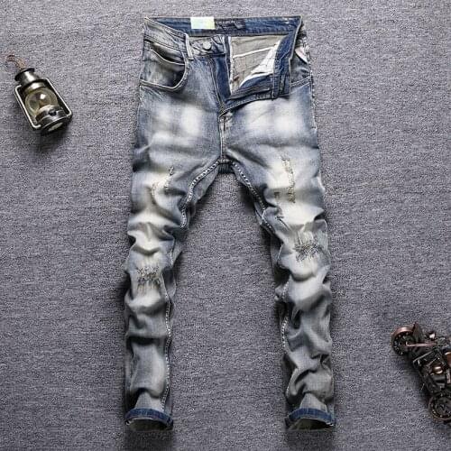 Newly Street Style Fashion Men Jeans Retro Distressed Elastic Slim Fit Ripped Jeans Men Embroidery Designer Hip Hop Denim Pants