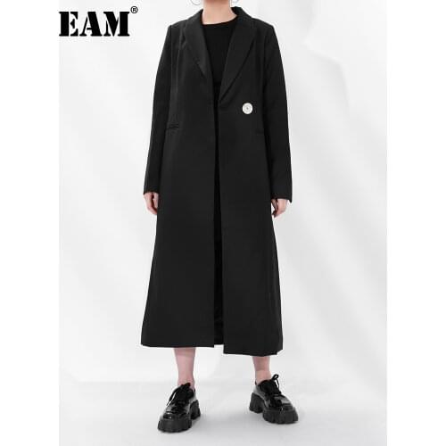 [EAM] Women Black Single Button Long Casual Trench New Lapel Long Sleeve Loose Fit Windbreaker Fashion Spring Autumn 2021 JX736