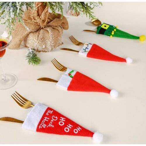 Christmas Cutlery set Ornament Small Hat Storage Tool Knife Fork Cover Tableware Bag Decoration Cap Party Gift Festive Supplies