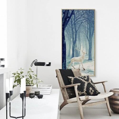 07G Fairy Tale Forest Snow Deer Vertical Canvas Art Painting Print Poster Picture Wall Living Room Home Decoration Murals