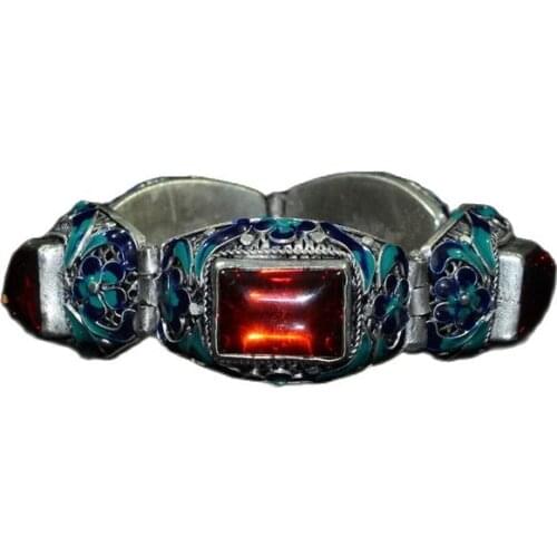 Chinese Old Tibetan Silver Cloisonne Inlaid Red Zircon Bracelet