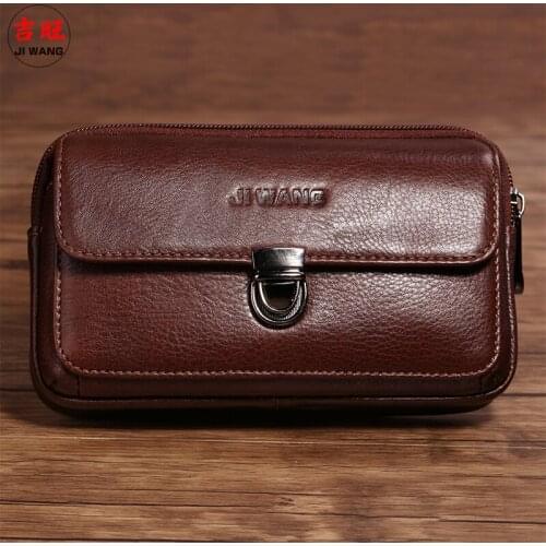 Men Genuine Leather Waist Pack Bag Double Zipper Wallet Pocket Case Purse Fanny Belt Pack Money Cell/Mobile Phone Cigarette Bags