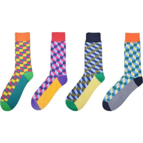 Peonfly Men Colorful Funny Novelty Combed Cotton Plaid Striped Geometry Breathable Comfort Sweat Wedding Dress Socks