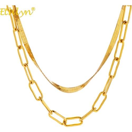 Ethlyn Fashion Double Layer Charm Women Snake Chain Necklace Stainless Steel Gold Color Flat Chokers Link for Women Girls MY275
