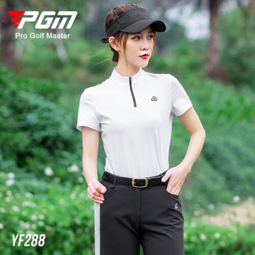 PGM Golf Apparel Womens Short Sleeve White T Shirt Lady Clothing Zipper Stand Collar Breathable Quick Dry Tennis Sports Shirt