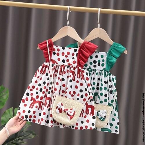 Toddler Child Baby Girls' Bow Tie Sleeveless O-neck Printing Kids Princess Casual Dress + Bag Summer Kids Clothes 2-7 years