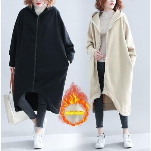 Pure Color Thick Windbreaker Hoodies Coat Winter New Women Full-Sleeved Zipper Sweater Cardigan Mid-Length Irregular Warm Jacket