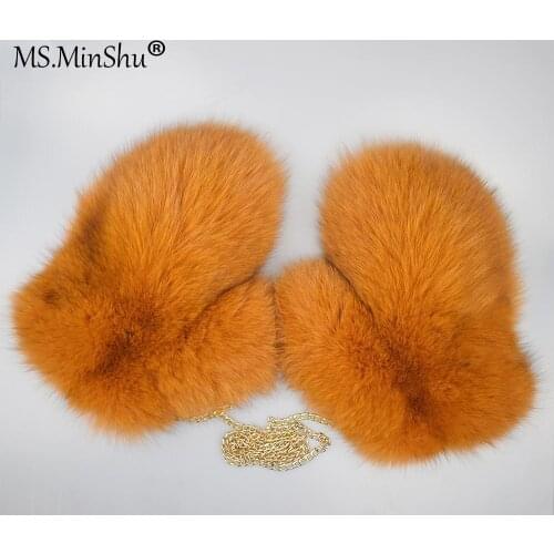 MS.MinShu Genuine Fox Fur Gloves Natural Fox Fur Mittens Suede Leather Winter Thicken Gloves Unisex Fashion Fluffy Fur Gloves