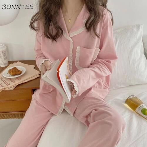 Pajama Sets Women Harajuku Simple Ins Trendy Long Sleeve Turn-down Collar Princess Style New Fashion Female Elegant Sleepwear