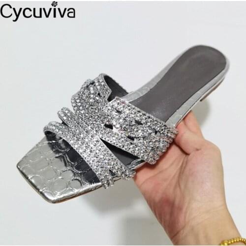 Summer Square Open Toe Crystal Flat Slippers Women Rhinestone Slides Ladies Runway Flat Beach 2021 Women Shoes Gold Mules