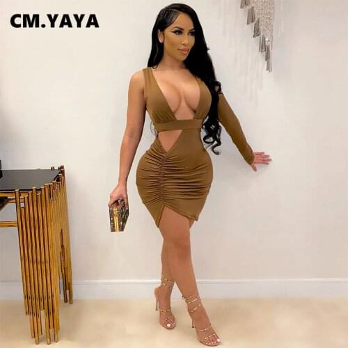CM.YAYA Sexy One-shoulder Full Sleeve Sheath Solid Mini Dress Hollow Out Empire V-neck Women Dresses Club Bar Night Party Dress