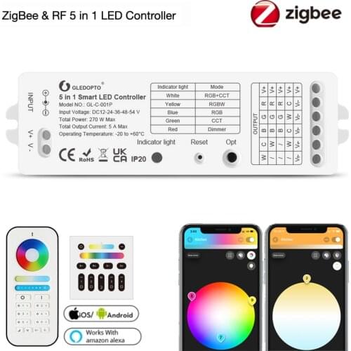 DC12V-54V Gledopto Zigbee 3.0 5 in 1 RGBCCT/RGBW/RGB/ CCT/Dimmer LED Strip Controller 2/3/4/5/6Pin Smart for Tuya/H-U-E/Alexa