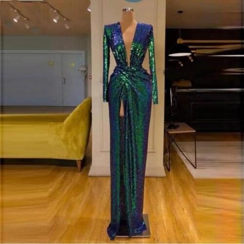 Sequined Evening Dress High Split Deep V Neck Robe de soiree Long Sleeve Prom Dresses Formal Gowns Custom