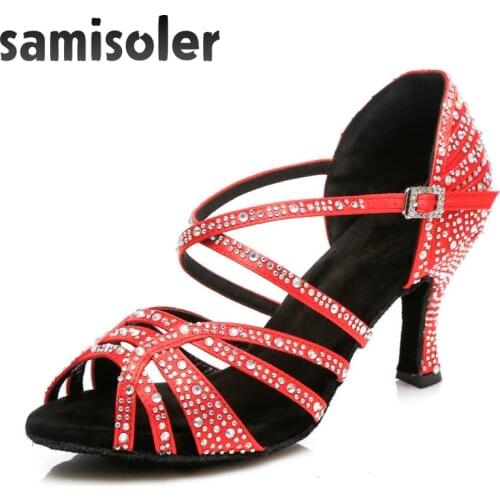 Samisoler Latin Dance Shoes Women with Black Satin tango jazz Salsa Rhinestone Shoes Dance For Women Ballroom Dancing Shoes Hig