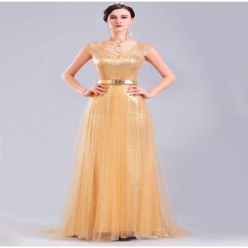 2018 Custom Made robe de soiree Long Evening Women prom Gown Gold Sequin Tulle Beading Cap Sleeve mother of the bride dresses