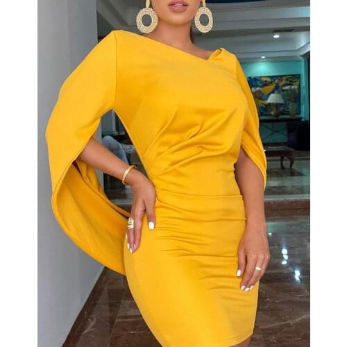 2021 Fashion Women Elegant Casual Plain Cloak Design Ruched Bodycon Dress Lady Sexy V Neck Long Sleeve Slim Skinny Formal Dress